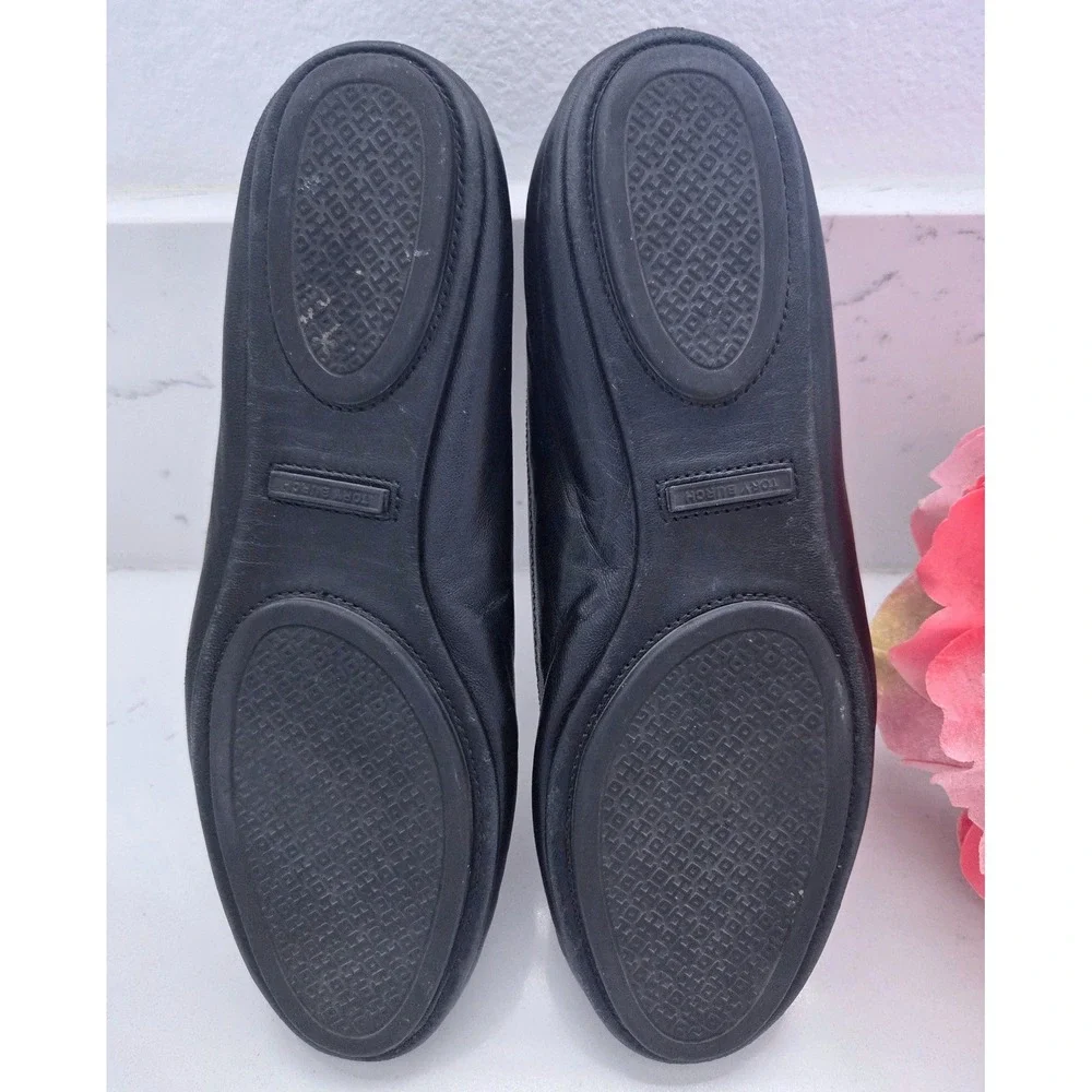 Tory Burch Minnie Travel Ballet Flats Black Leather Logo Medallion 8M 51158251